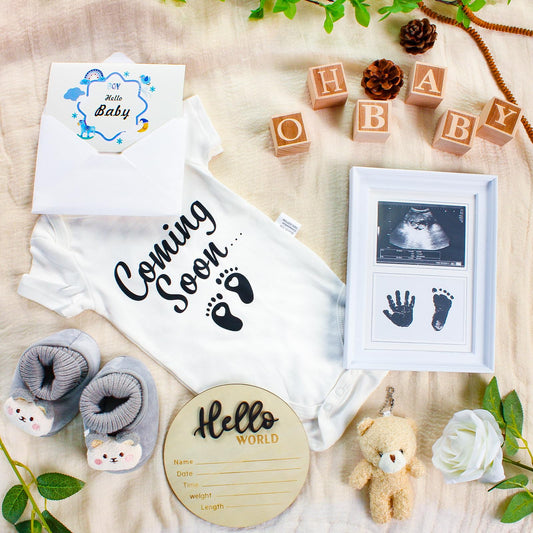 9 Pc Pregnancy Announcement Set Baby Announcement Sign Baby Bodysuit Baby Booties Photo Frame Bear Plush Baby Wood Blocks Announcement Props for Baby (Classic Black)