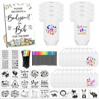 SytuHete 69 Pcs Baby Bib Bodysuit Baby Shower Set Baby Shower Game Sign Baby Feeder Bib Newborn Bodysuit Fabric Marker